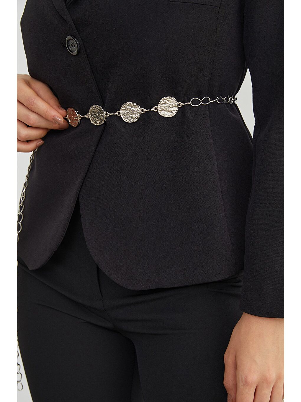 Gri Yuvarlak Plaka Detaylı Zincir Kemer-4