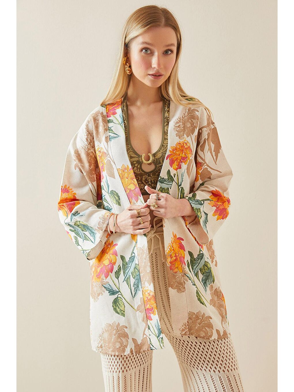 Turuncu Çiçek Desenli Oversize Kimono 5YXK4-48061-11-3