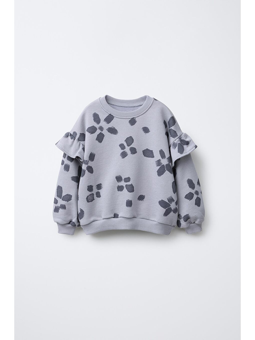 Kız Çocuk Pamuklu Gri Çiçek Desenli Sweatshirt Ve Tayt Takım - Rahat Kesim, Fırfır Detaylı-1