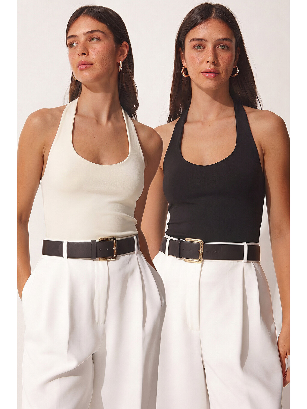 Siyah 2’li Paket Halter Yaka Basic Örme Bluz SİYAH BEYAZ LDZ0078