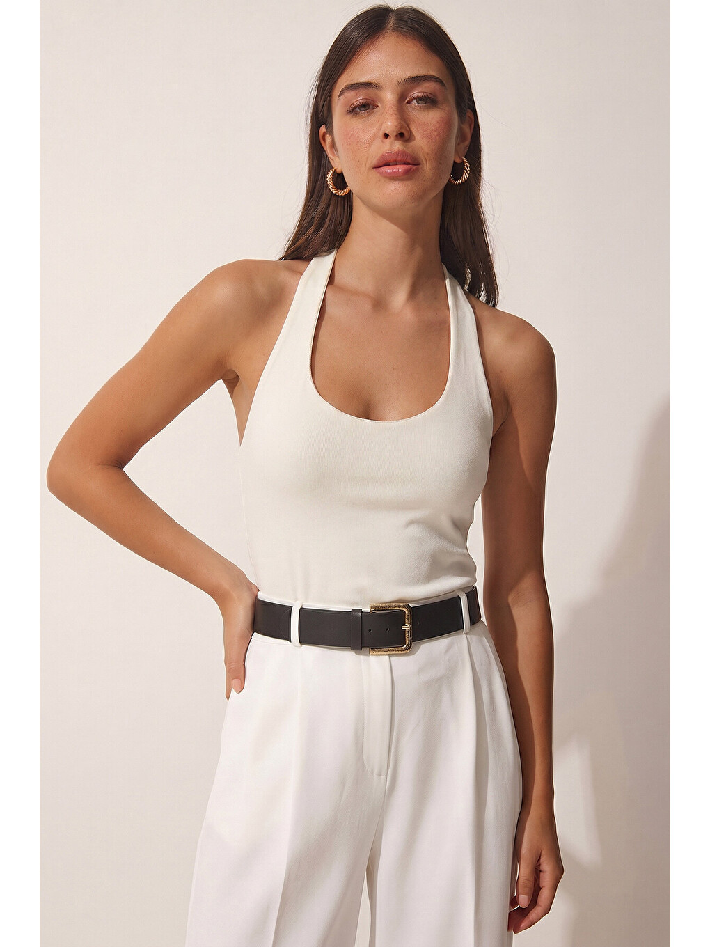 Siyah 2’li Paket Halter Yaka Basic Örme Bluz SİYAH BEYAZ LDZ0078-1