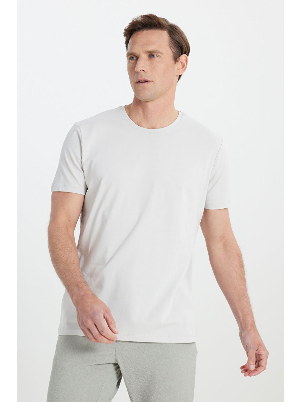 Erkek Açık Gri 360 Derece Her Yöne Esneyen Slim Fit Bisiklet Yaka Tişört-2