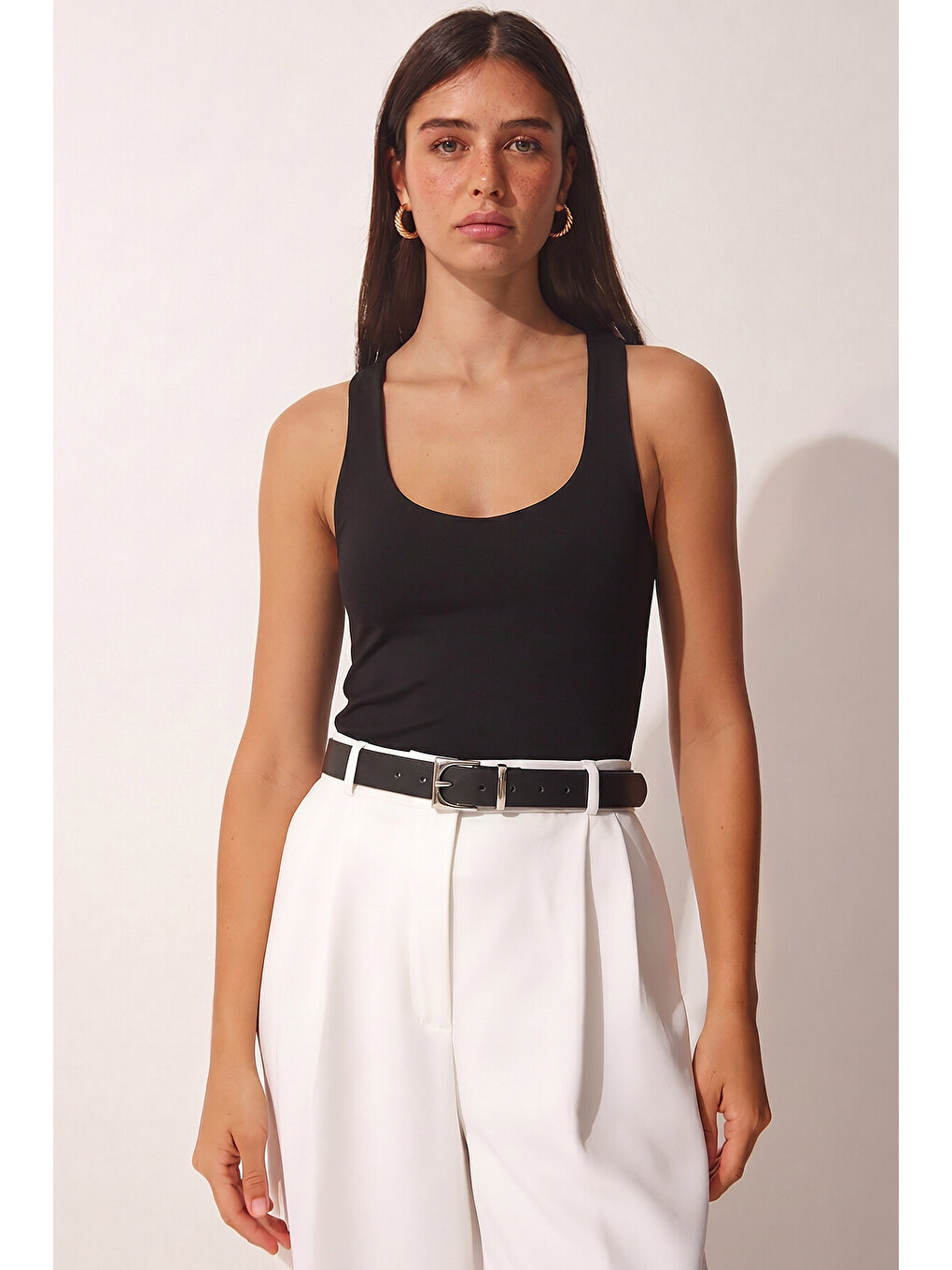 Siyah 2’li Paket Halter Yaka Basic Örme Bluz SİYAH BEYAZ LDZ0078-2