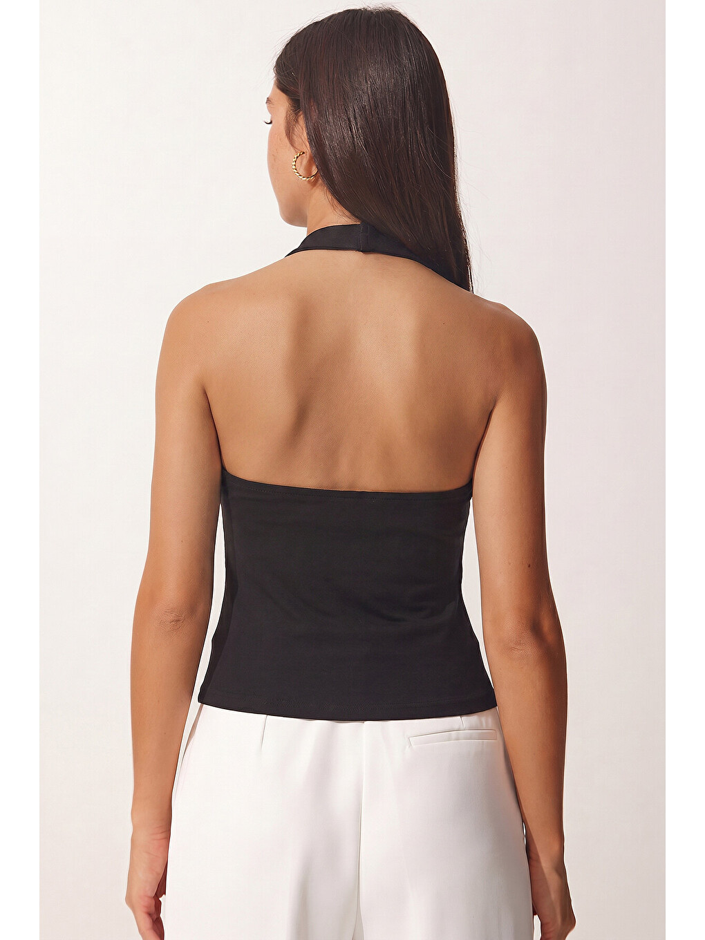 Siyah 2’li Paket Halter Yaka Basic Örme Bluz SİYAH BEYAZ LDZ0078-3