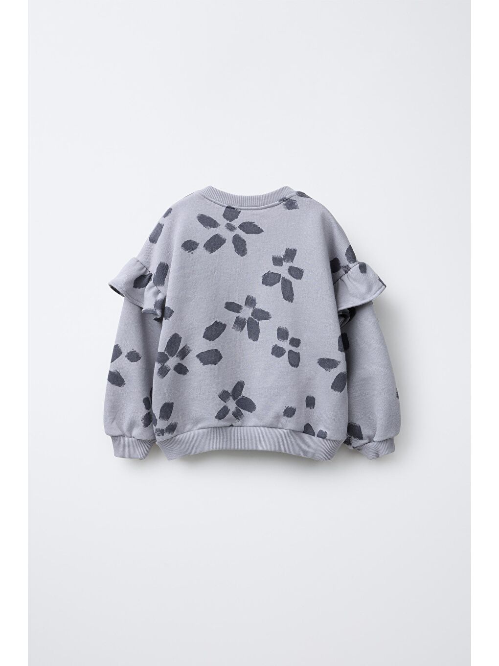 Kız Çocuk Pamuklu Gri Çiçek Desenli Sweatshirt Ve Tayt Takım - Rahat Kesim, Fırfır Detaylı-2