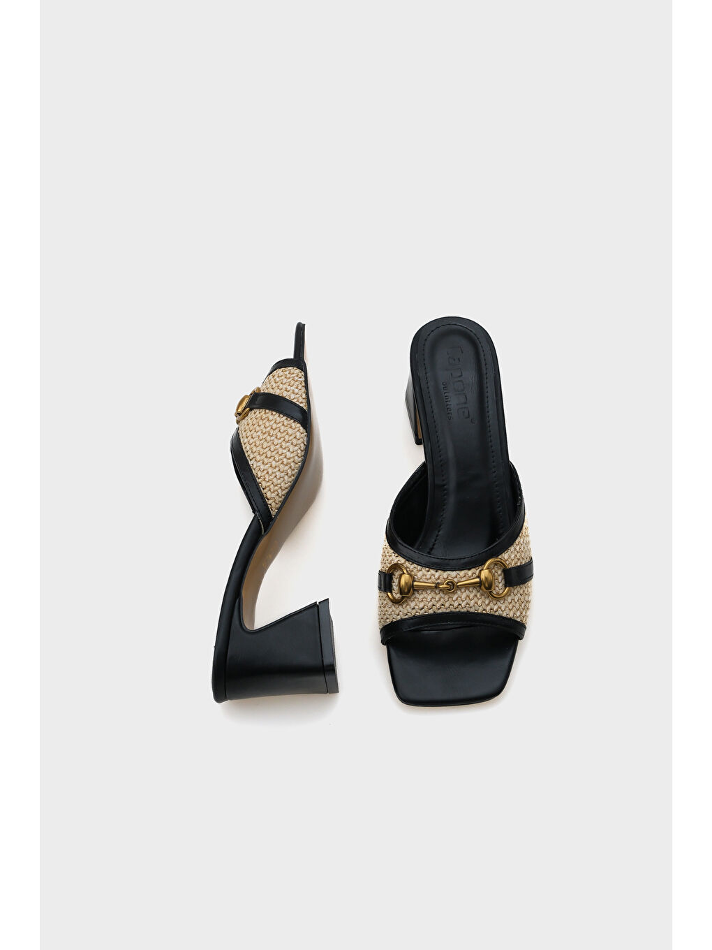 Siyah Natalie Hasır Orta Topuklu Ahşap Tokalı Kadın Terlik-4