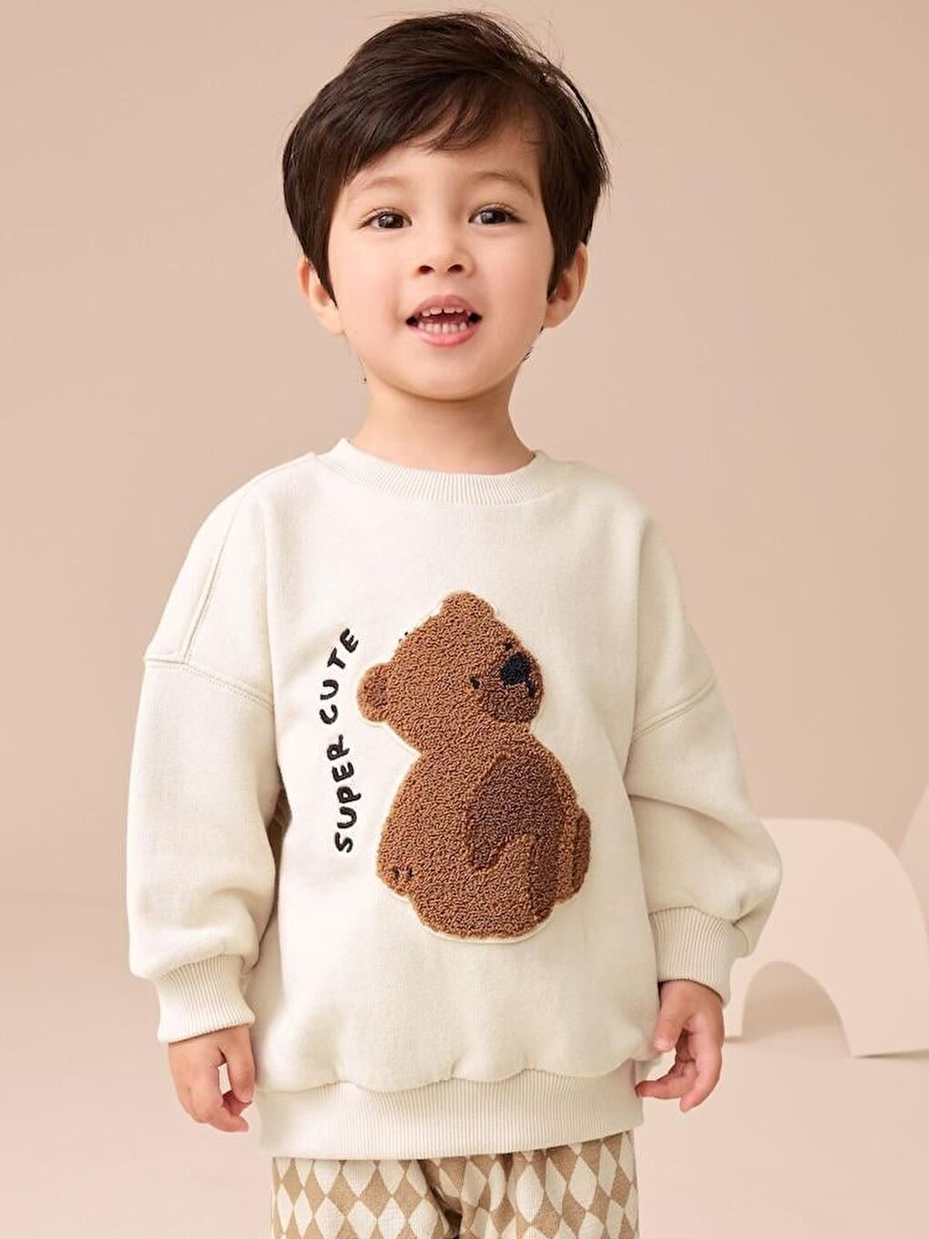 Karışık Erkek Çocuk Pamuklu Ekru Pelüş Ayıcık Baskılı Sweatshirt Ve Desenli Pantolon Takım-1