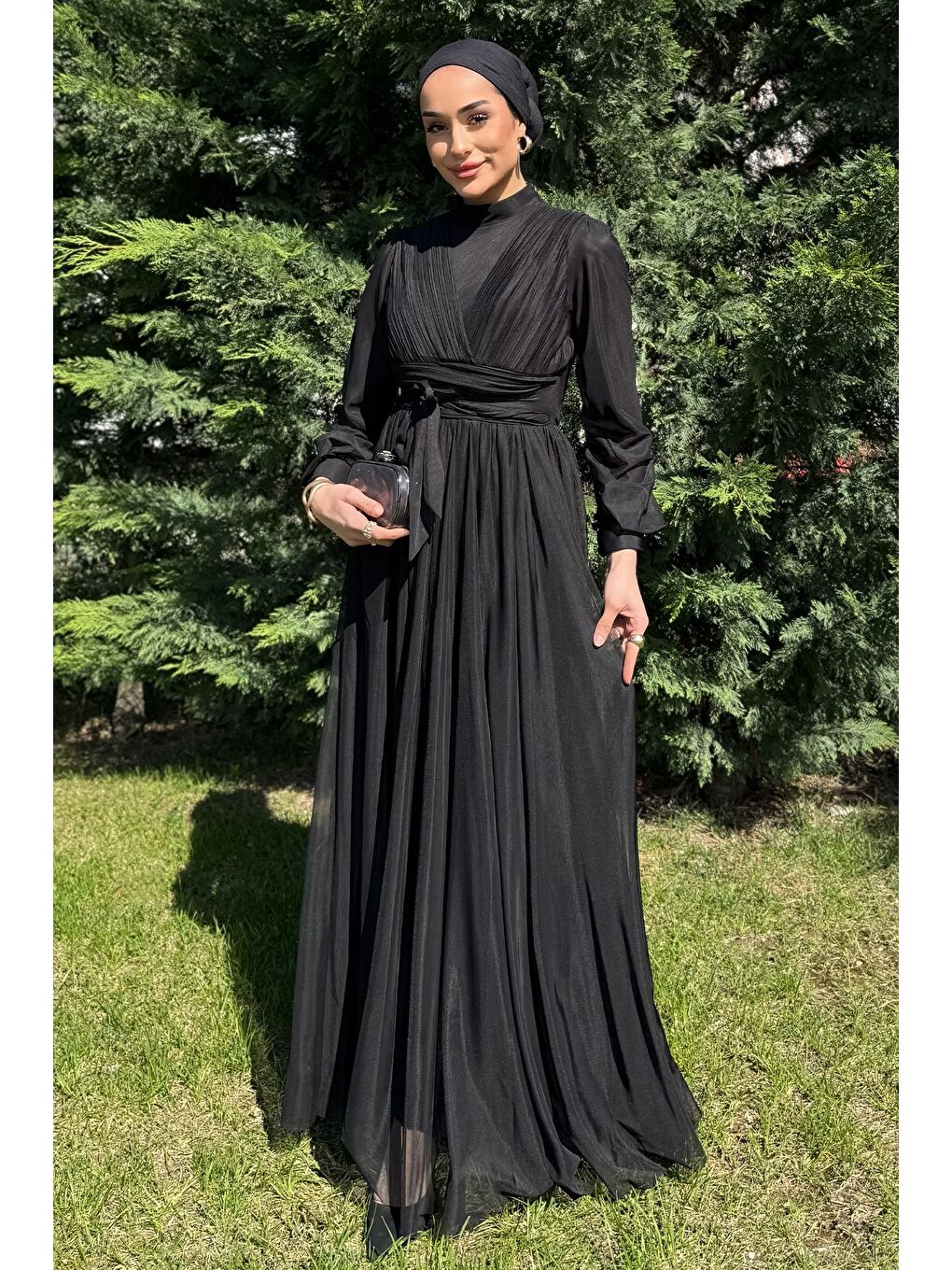 Siyah Kadın Piliseli Bel Kuşak Detaylı Tüllü Tesettür Abiye