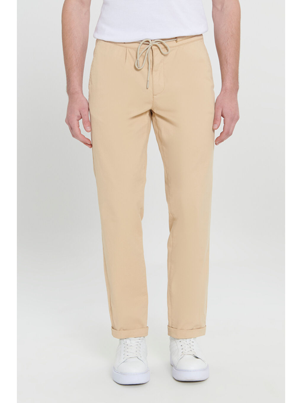 Erkek Bej Comfort Fit Rahat Kesim Yan Cepli Pantolon