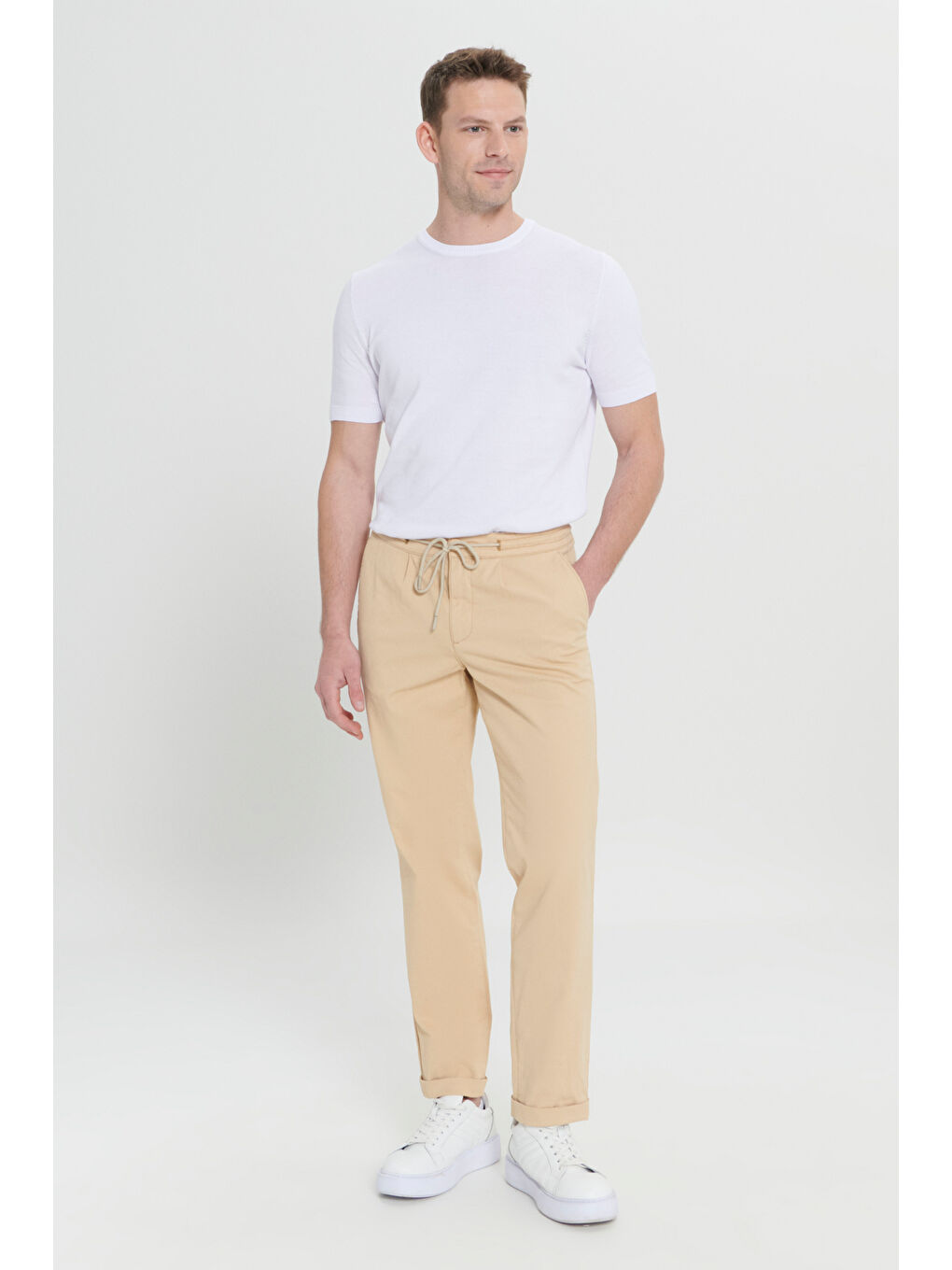 Erkek Bej Comfort Fit Rahat Kesim Yan Cepli Pantolon-1