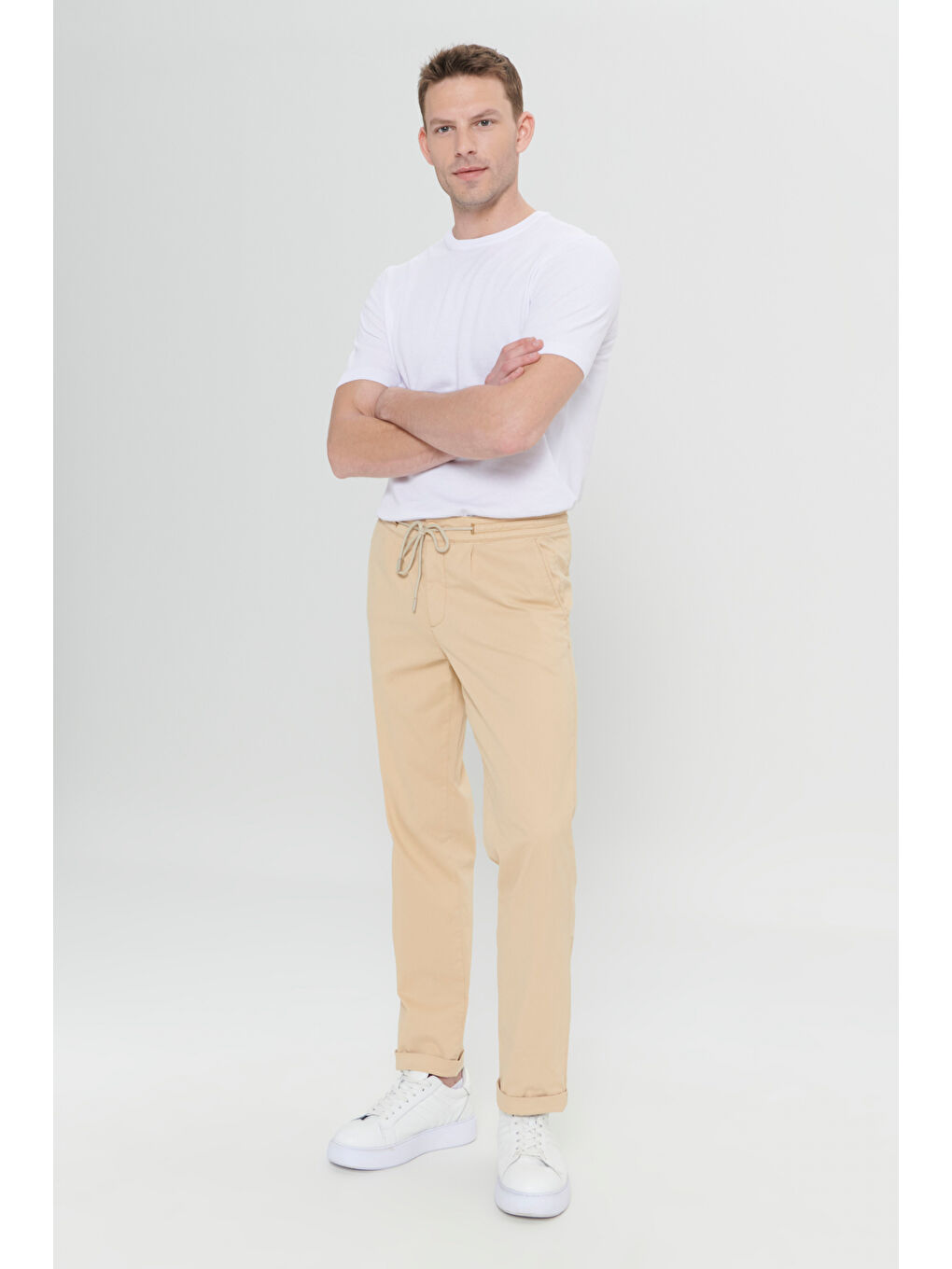 Erkek Bej Comfort Fit Rahat Kesim Yan Cepli Pantolon-2