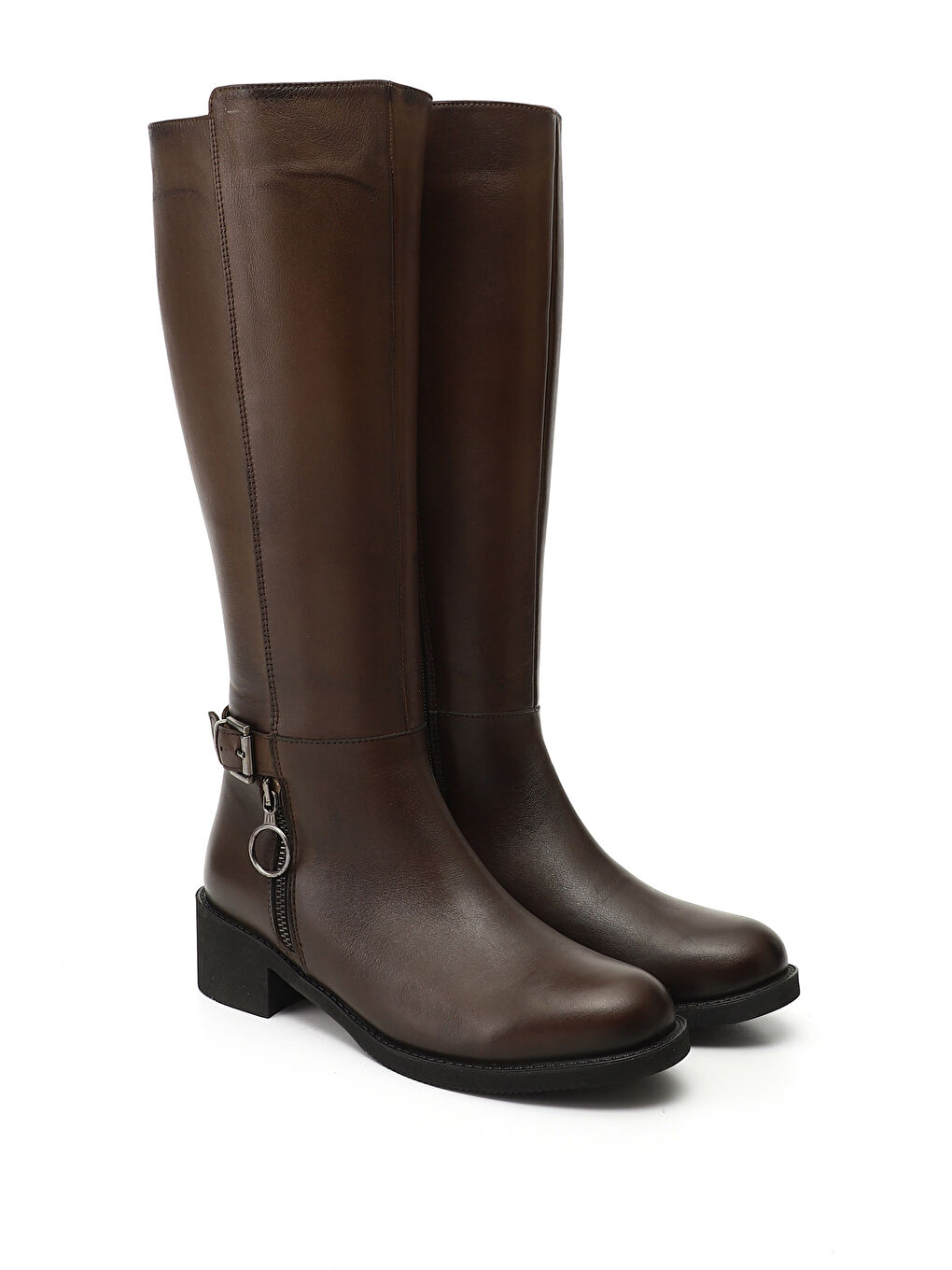 Kahverengi Kadın TÜTÜN KAHVE Fermuarlı Kalın Topuklu Hakiki Deri Çizme-1