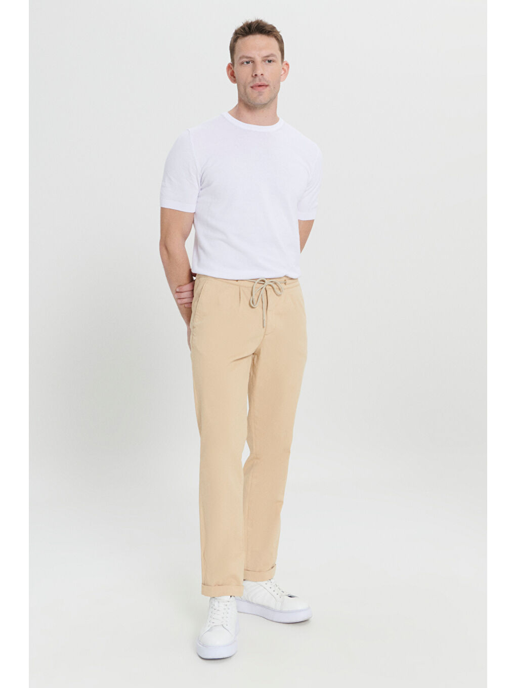 Erkek Bej Comfort Fit Rahat Kesim Yan Cepli Pantolon-3