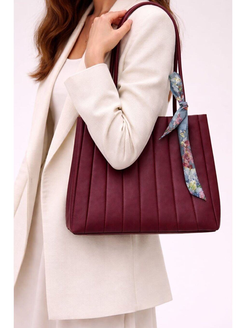 Bordo Kadın Piliseli Omuz Çantası ve Cüzdan Seti - Desenli Eşarp Detaylı El ve Kol Çantası 12677-3