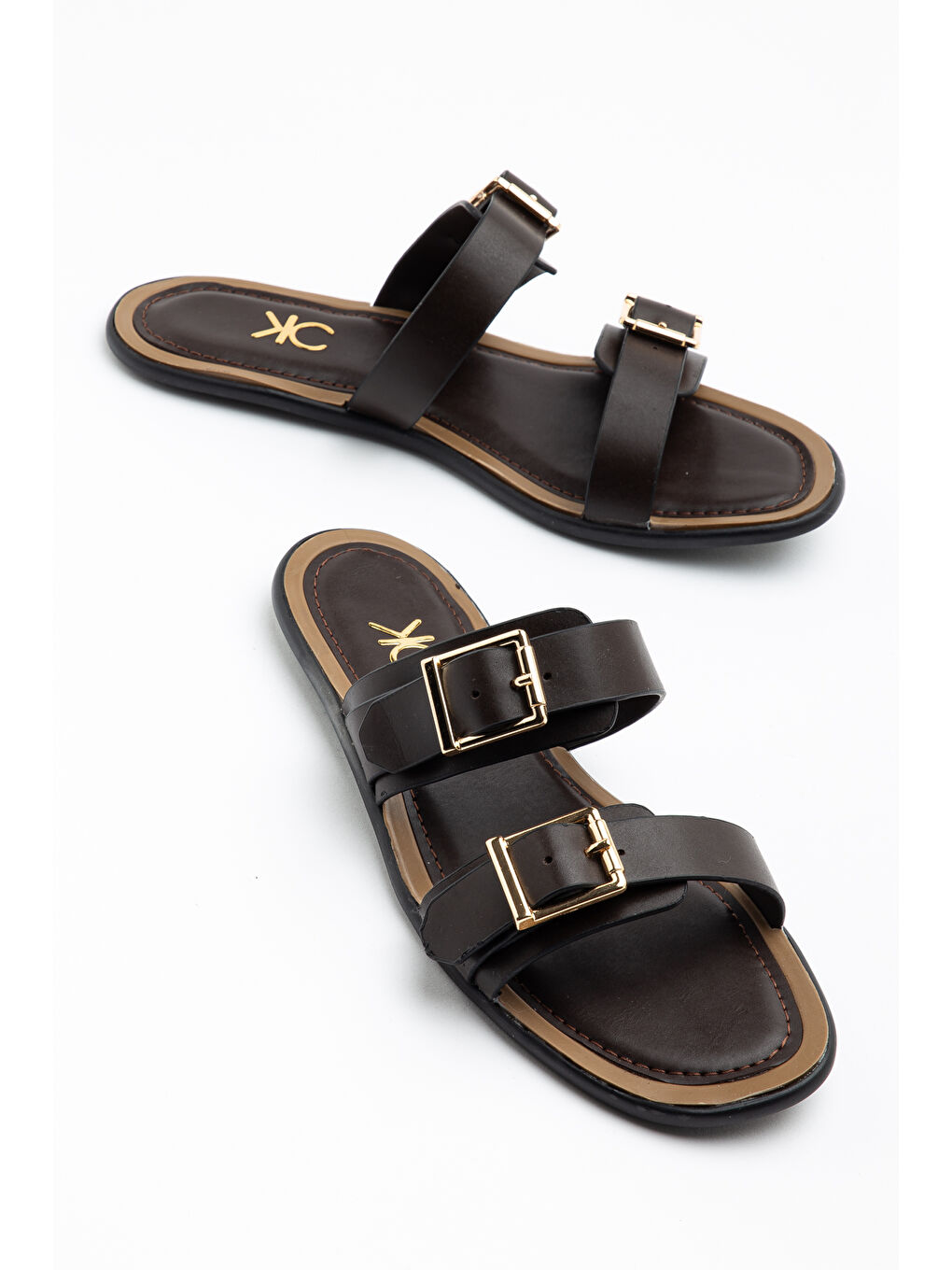 Kahverengi Z001 Çift Bantlı Ayarlanabilir Günlük Ortopedik Kadın Terlik