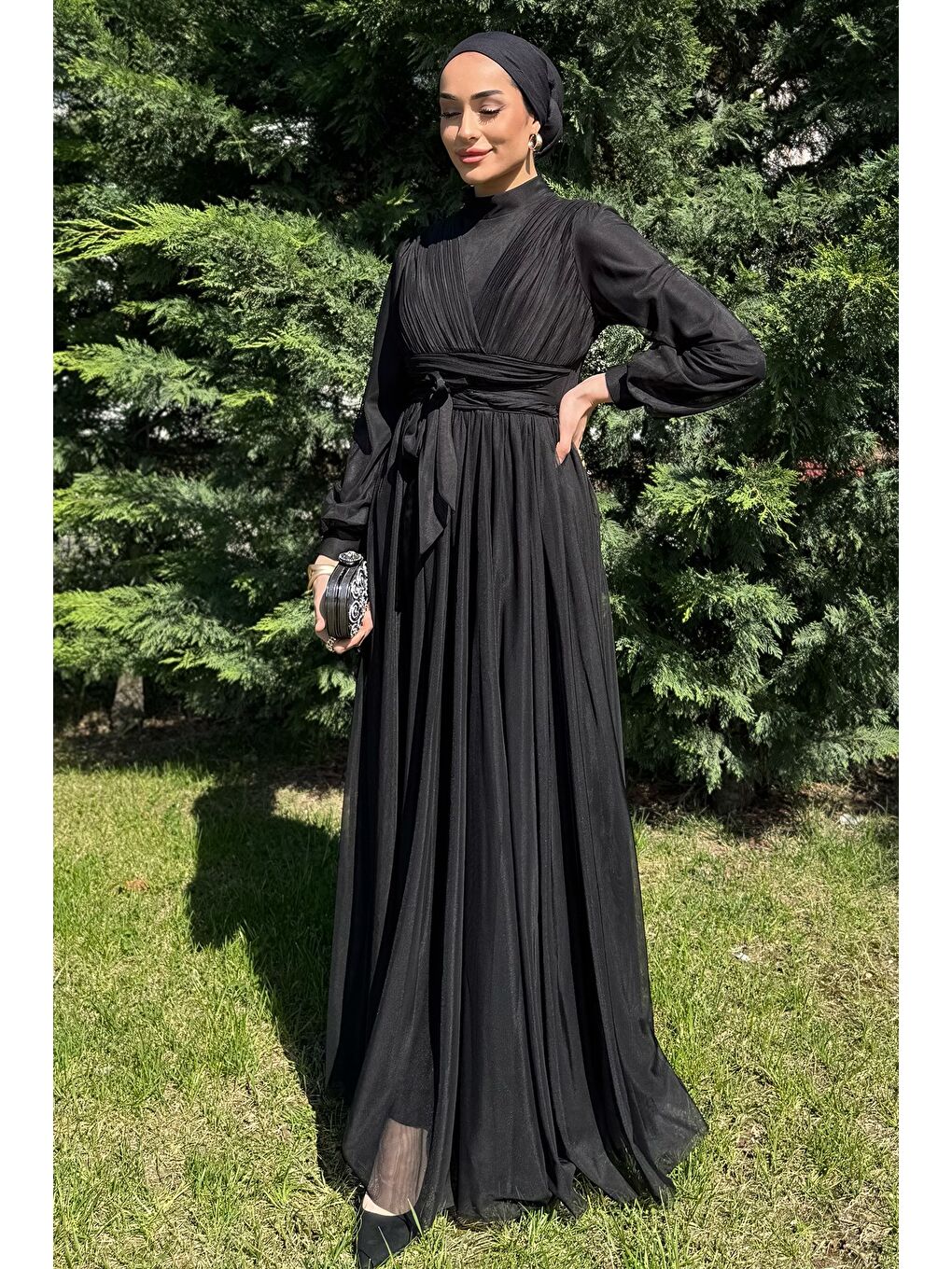 Siyah Kadın Piliseli Bel Kuşak Detaylı Tüllü Tesettür Abiye-3