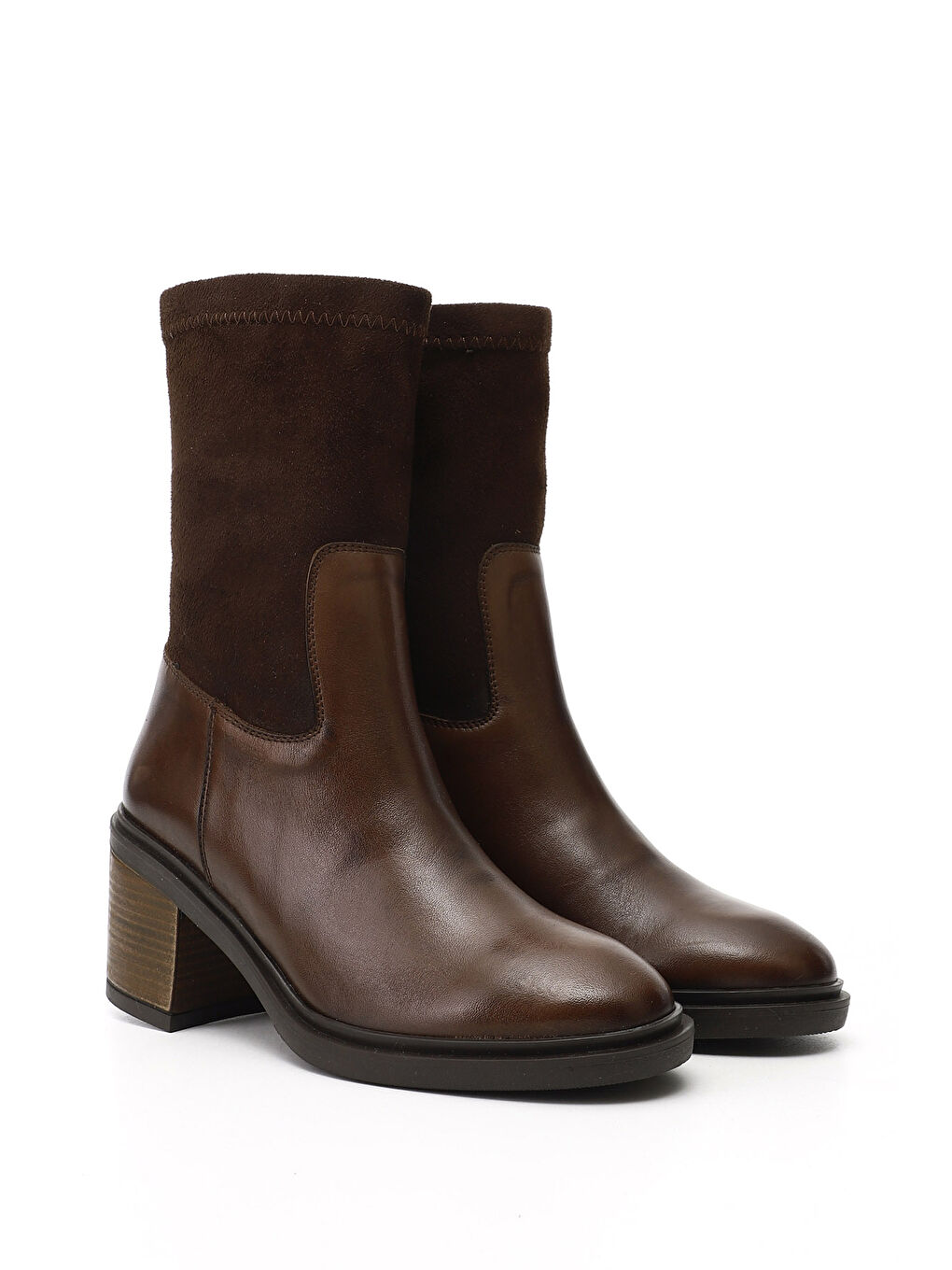 Kahverengi Kadın KAHVERENGİ Fermuarlı Kalın Topuklu Hakiki Deri Streç Bot-1