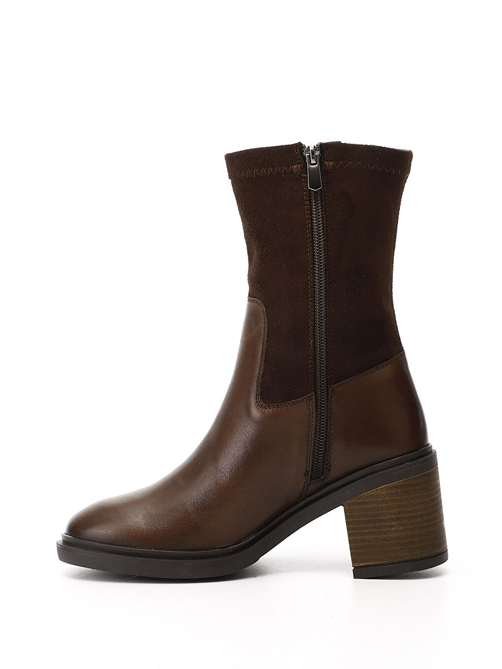 Kahverengi Kadın KAHVERENGİ Fermuarlı Kalın Topuklu Hakiki Deri Streç Bot-2