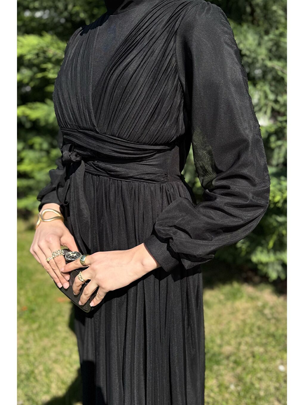 Siyah Kadın Piliseli Bel Kuşak Detaylı Tüllü Tesettür Abiye-5