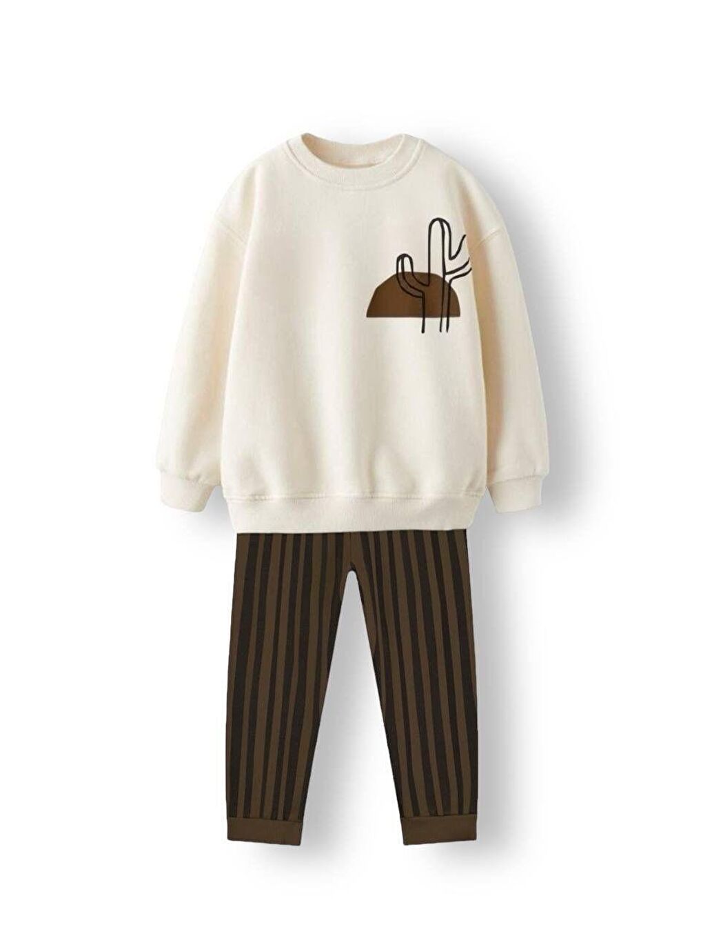 Karışık Erkek Çocuk Pamuklu Ekru Kaktüs Baskılı Sweatshirt Ve Kahverengi Çizgili Pantolon Takım