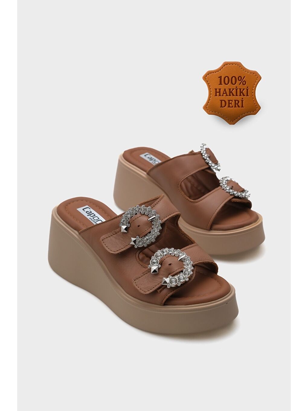 Kahverengi Charm Hakiki Deri Dolgu Topuklu Taşlı Çift Bantlı Konfor Kadın Terlik-1