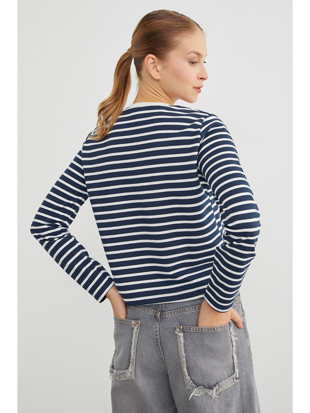 Lacivert 3 İplik Şardonsuz Çizgili Bisiklet Yaka Sweatshirt-4