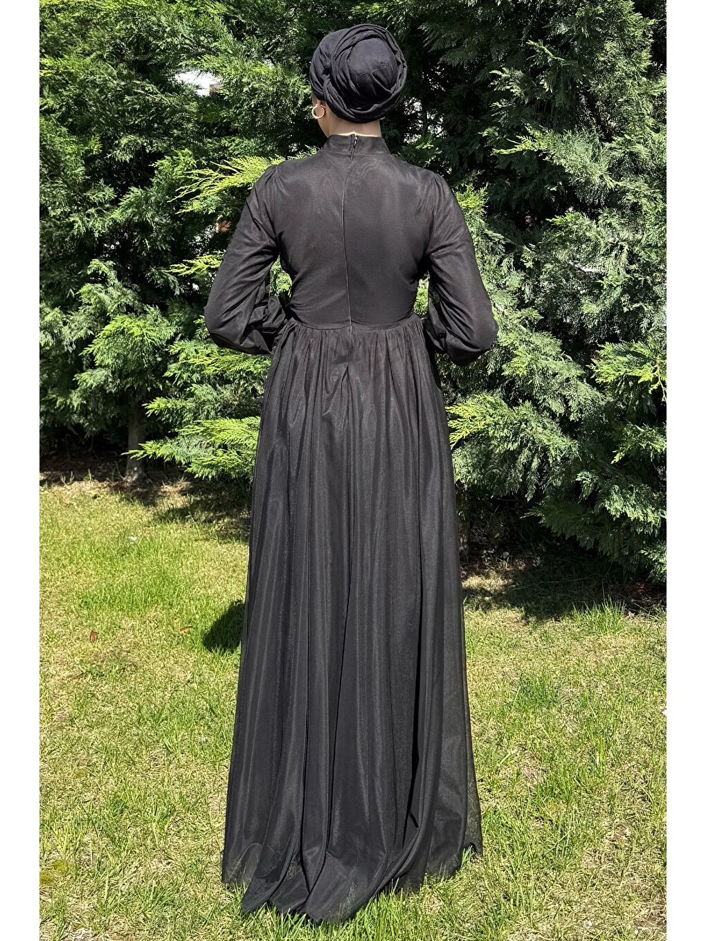 Siyah Kadın Piliseli Bel Kuşak Detaylı Tüllü Tesettür Abiye-7