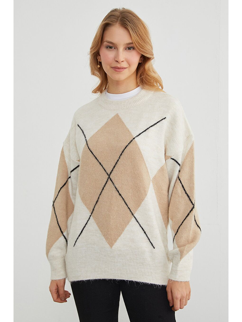 Bej Baklava Desenli Oversize Kazak-3