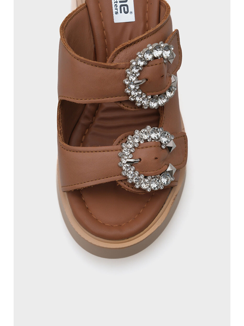 Kahverengi Charm Hakiki Deri Dolgu Topuklu Taşlı Çift Bantlı Konfor Kadın Terlik-2