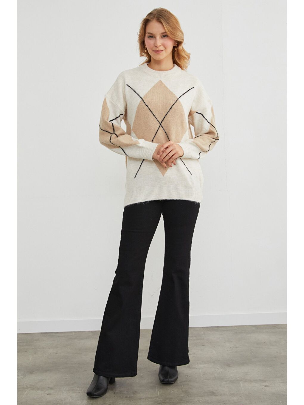 Bej Baklava Desenli Oversize Kazak-4