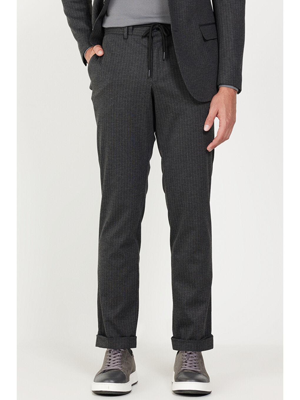 Erkek Antrasit Slim Fit Dar Kesim Mono Yaka Çizgili Takım Elbise