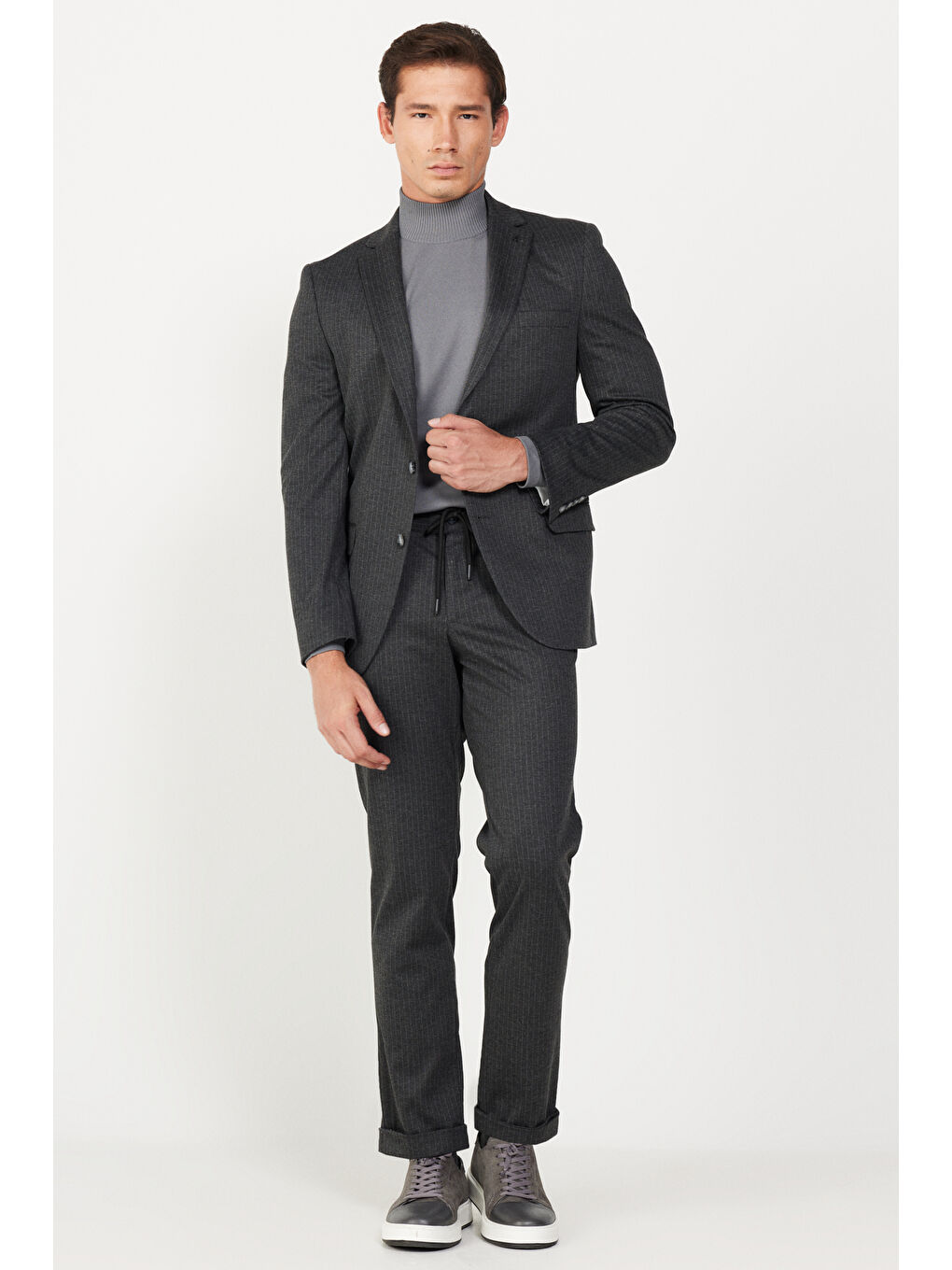 Erkek Antrasit Slim Fit Dar Kesim Mono Yaka Çizgili Takım Elbise-1