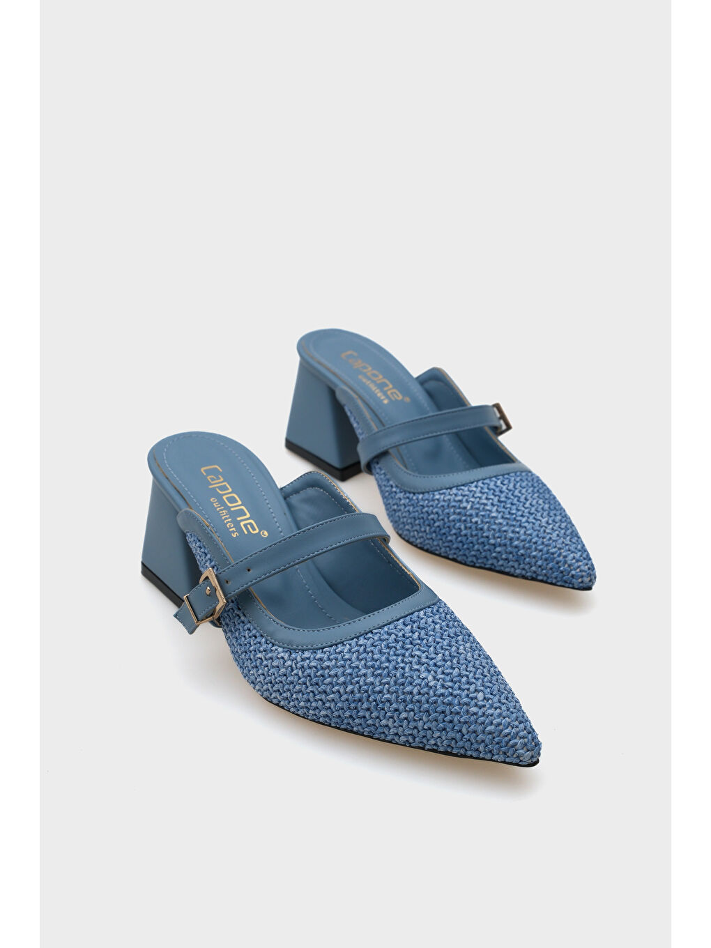 Mavi Nena Hakiki Deri Sivri Burunlu Hasır Burnu Kapalı Kadın Terlik-1