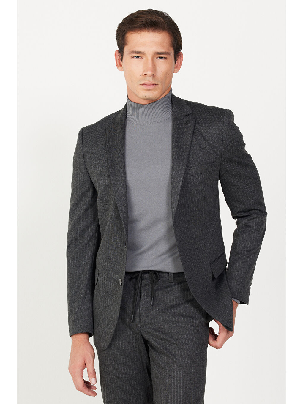 Erkek Antrasit Slim Fit Dar Kesim Mono Yaka Çizgili Takım Elbise-2