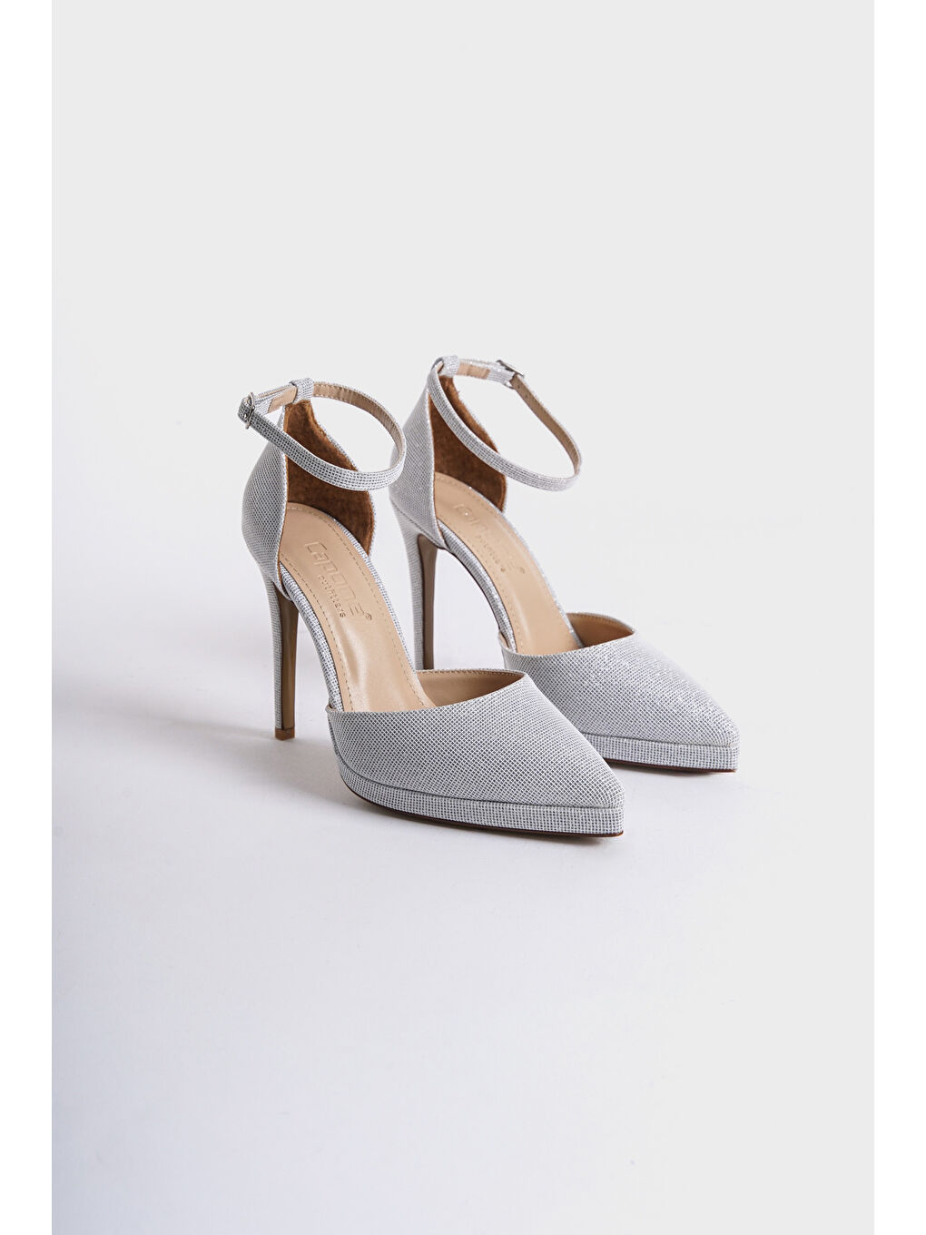 Beyaz Rita Sivri Burunlu Bilekten Bantlı Yüksek Topuklu Simli Platform Kadın Ayakkabı