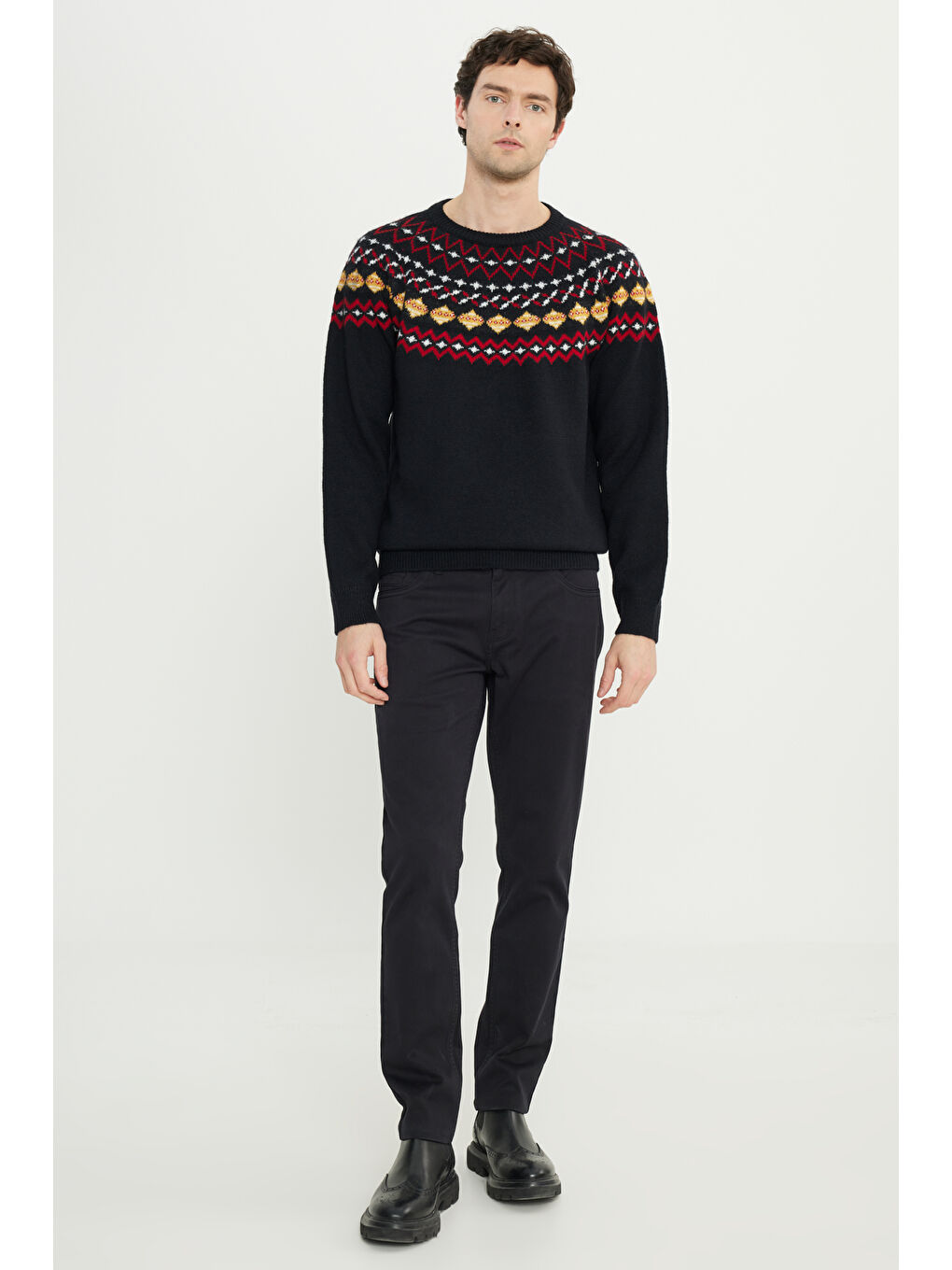 Erkek Lacivert Yünlü Sıcak Tutan Standart Fit Bisiklet Yaka Triko Kazak-1