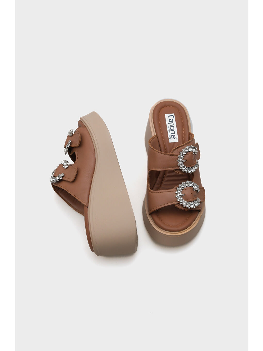 Kahverengi Charm Hakiki Deri Dolgu Topuklu Taşlı Çift Bantlı Konfor Kadın Terlik-4