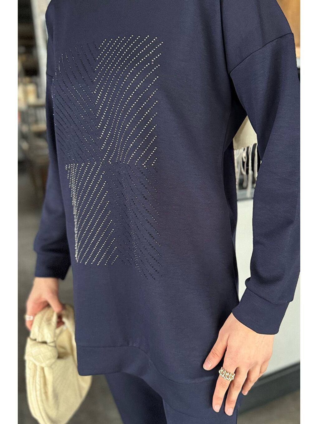 Lacivert Ön Taşlı Bisiklet Yaka Büyük Beden Tesettür Tunik Pantolon İkili Takım-5