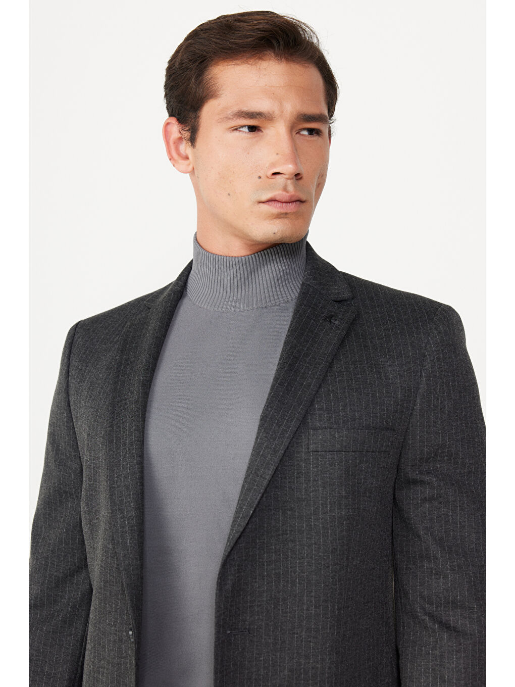 Erkek Antrasit Slim Fit Dar Kesim Mono Yaka Çizgili Takım Elbise-3