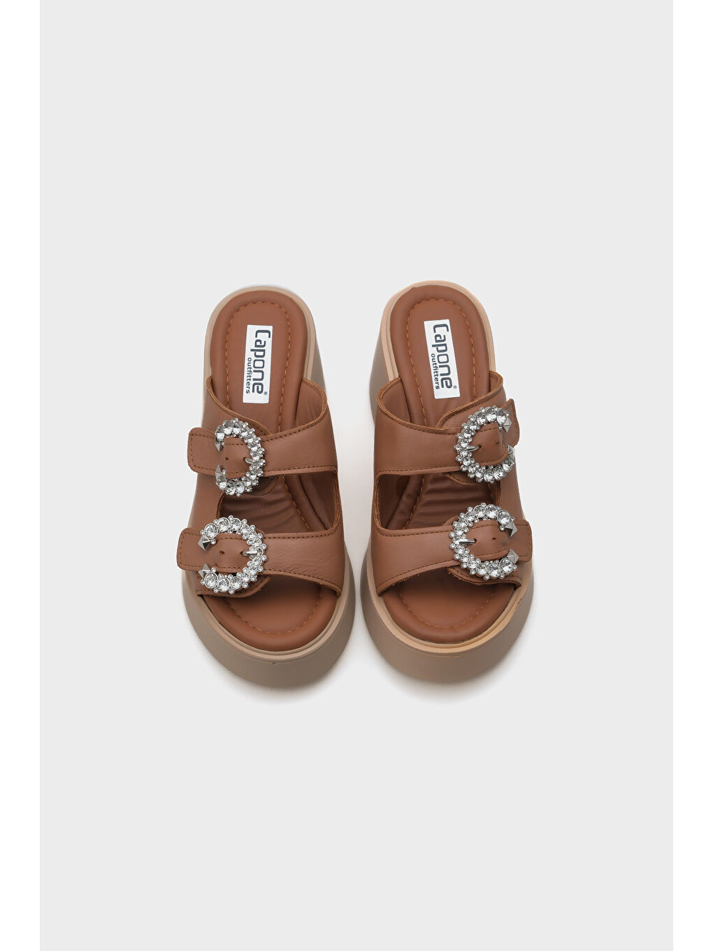 Kahverengi Charm Hakiki Deri Dolgu Topuklu Taşlı Çift Bantlı Konfor Kadın Terlik-5