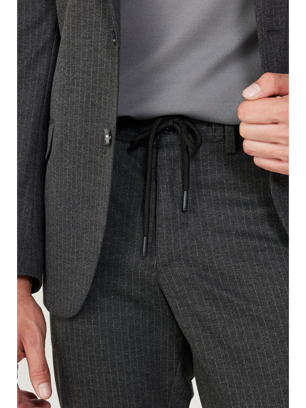 Erkek Antrasit Slim Fit Dar Kesim Mono Yaka Çizgili Takım Elbise-4