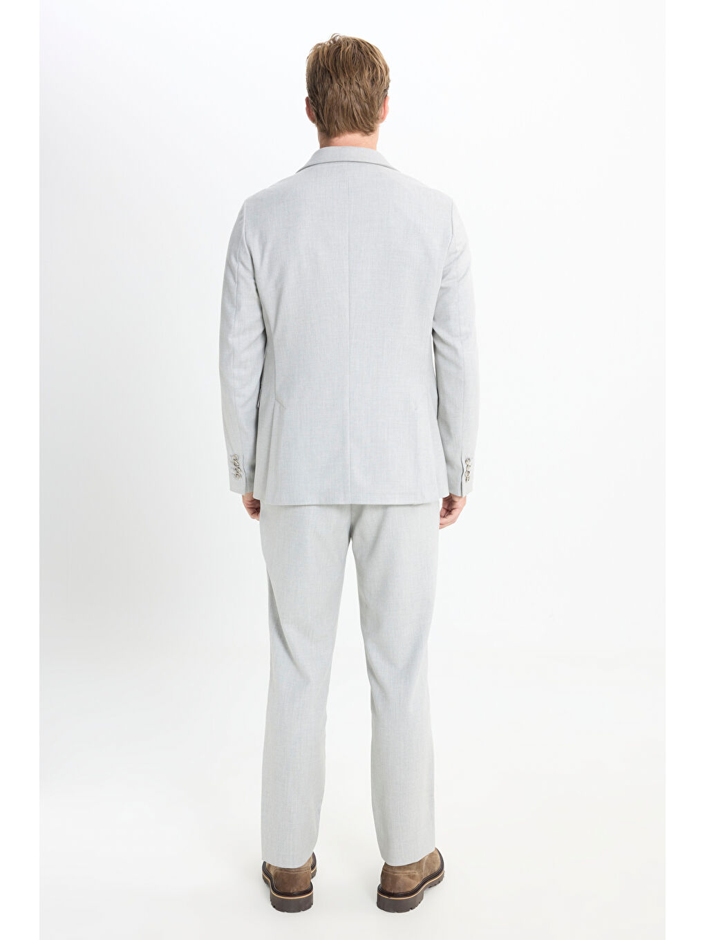 Erkek Açık Gri Slim Fit Mono Yaka Çizgili Kapak Cepli Takım Elbise-7