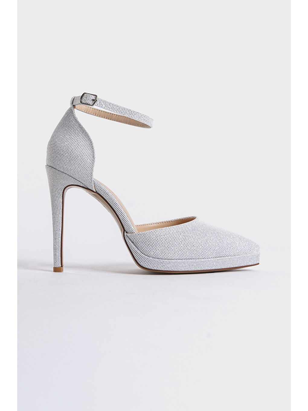 Beyaz Rita Sivri Burunlu Bilekten Bantlı Yüksek Topuklu Simli Platform Kadın Ayakkabı-1