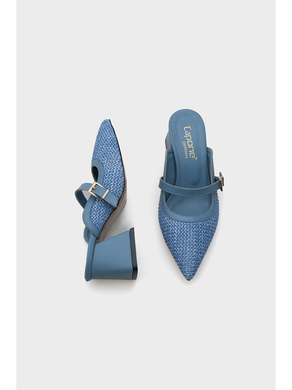 Mavi Nena Hakiki Deri Sivri Burunlu Hasır Burnu Kapalı Kadın Terlik-4