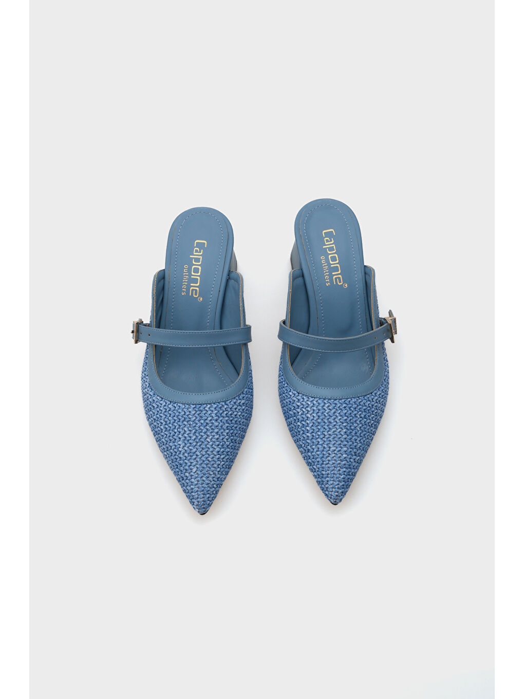 Mavi Nena Hakiki Deri Sivri Burunlu Hasır Burnu Kapalı Kadın Terlik-5