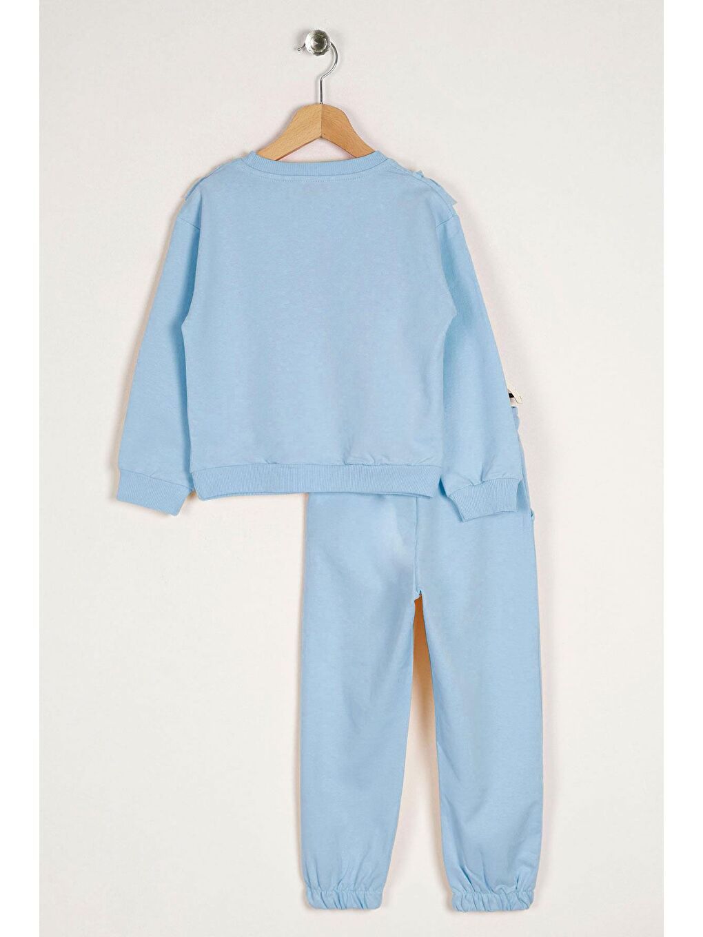 Bisiklet Yaka Uzun Kol Fırfır Detaylı Mavi Renk Kız Çocuk İkili Takım-1