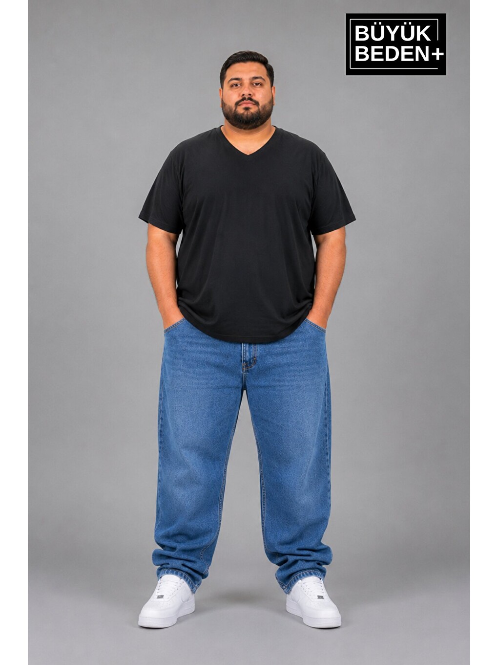 Siyah Büyük Beden Erkek V Yaka Pamuklu Basic Tişört Lacivert 3XL-6XL SPR26BTS509
