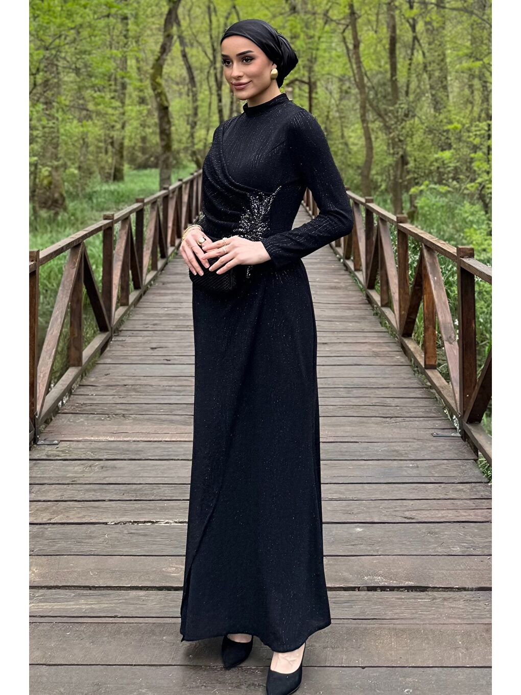 Siyah Kadın Ön Drapeli Taş İşlemeli Işıltılı Tesettür Abiye-1