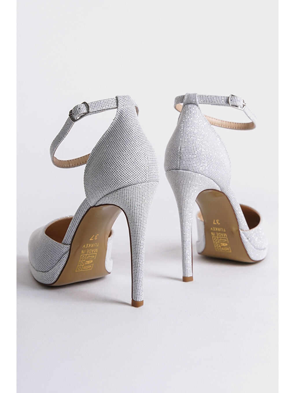 Beyaz Rita Sivri Burunlu Bilekten Bantlı Yüksek Topuklu Simli Platform Kadın Ayakkabı-3