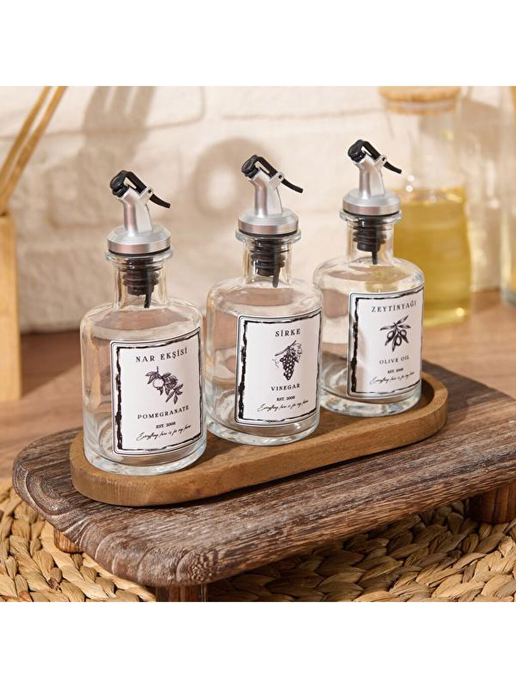 Renksiz Kitchen Ahşap Stantlı 3'lü Yağlık Sirkelik Seti - Şeffaf - 250 ml